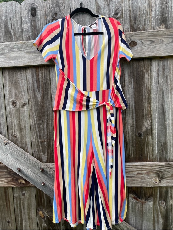 asoph Pants - Striped Wrap-Front Short Sleeve Jumpsuit in Multi Color size 1X